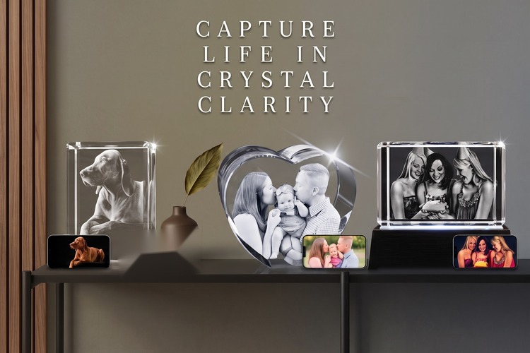 Laser-engraved 3D crystal keepsakes on display: a pet portrait crystal, a heart-shaped couple and baby portrait crystal, and a three-person family portrait crystal, each on an illuminated base